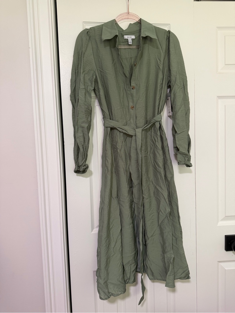 Nine West Olive Green Button-Front Midi Shirt Dress